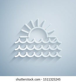 Paper cut Sunset icon isolated on grey background. Paper art style. Vector Illustration
