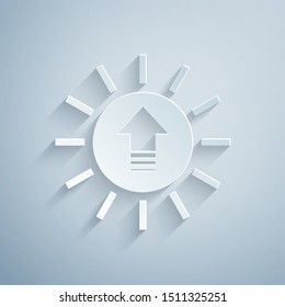 Paper cut Sunset icon isolated on grey background. Paper art style. Vector Illustration