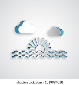 Paper cut Sunset icon isolated on grey background. Paper art style. Vector Illustration