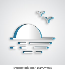 Paper cut Sunset icon isolated on grey background. Paper art style. Vector Illustration