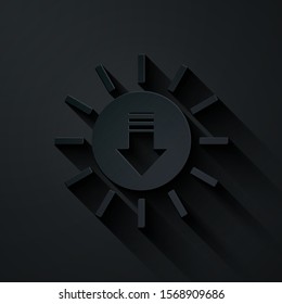 Paper cut Sunset icon isolated on black background. Paper art style. Vector Illustration