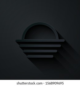 Paper cut Sunset icon isolated on black background. Paper art style. Vector Illustration