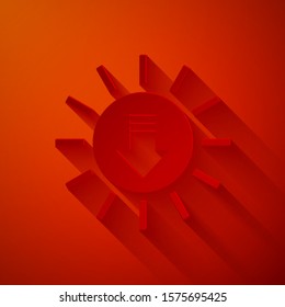 Paper cut Sunset icon isolated on red background. Paper art style. Vector Illustration