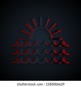 Paper cut Sunset icon isolated on black background. Paper art style. Vector Illustration