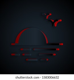 Paper cut Sunset icon isolated on black background. Paper art style. Vector Illustration