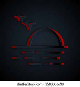 Paper cut Sunset icon isolated on black background. Paper art style. Vector Illustration