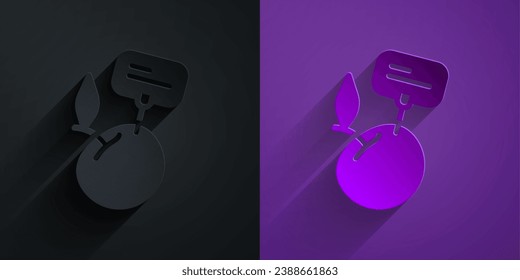Paper cut Supermarket food products with price label icon isolated on black on purple background. Paper art style. Vector