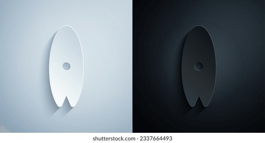 Paper cut Surfboard icon isolated on grey and black background. Surfing board. Extreme sport. Sport equipment. Paper art style. Vector