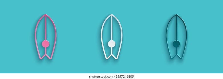 Paper cut Surfboard icon isolated on blue background. Surfing board. Extreme sport. Sport equipment. Paper art style. Vector