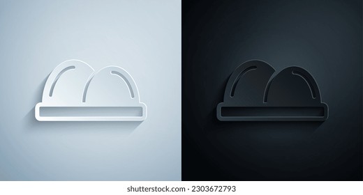 Paper cut Sushi icon isolated on grey and black background. Traditional Japanese food. Paper art style. Vector