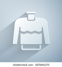 Paper cut Sweater icon isolated on grey background. Pullover icon. Paper art style. Vector