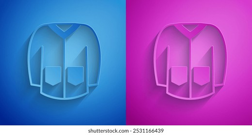 Paper cut Sweater icon isolated on blue and purple background. Pullover icon. Sweatshirt sign. Paper art style. Vector