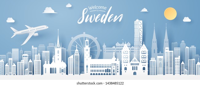 paper cut of sweden landmark, travel and tourism concept, eps 10 vector.