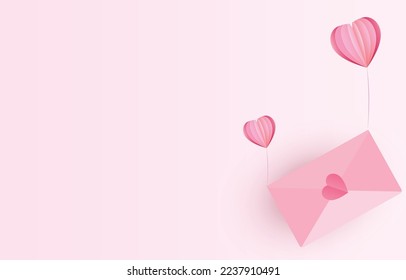El papel cortó el sobre rosa dulce y el corazón. con espacio para el diseño de San Valentín o de fondo para el día del amor. Vector envía una carta a un amante, pareja