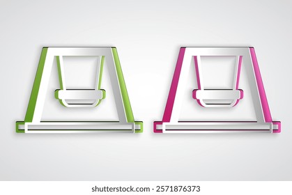 Paper cut Swing for kids summer games on playground icon isolated on grey background. Outdoor entertainment equipment. Paper art style. Vector