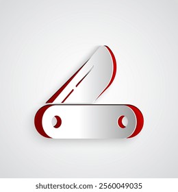 Paper cut Swiss army knife icon isolated on grey background. Multi-tool, multipurpose penknife. Multifunctional tool. Paper art style. Vector