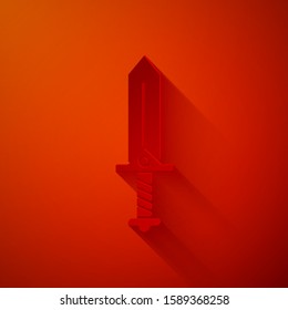 Paper cut Sword for game icon isolated on red background. Paper art style. Vector Illustration