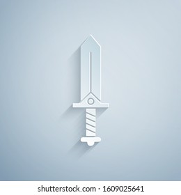 Paper cut Sword for game icon isolated on grey background. Paper art style. Vector Illustration
