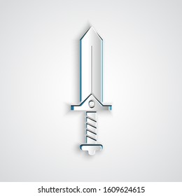 Paper cut Sword for game icon isolated on grey background. Paper art style. Vector Illustration