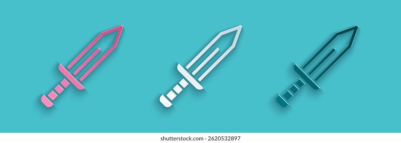 Ícone de Espada de corte de papel isolado no fundo azul. Arma medieval. Estilo da arte do papel. Vetor