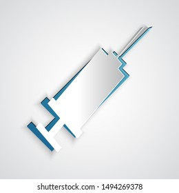 Paper cut Syringe icon isolated on grey background. Syringe for vaccine, vaccination, injection, flu shot. Medical equipment. Paper art style. Vector Illustration