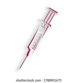 Paper cut Syringe icon isolated on white background. Syringe sign for vaccine, vaccination, injection, flu shot. Medical equipment. Paper art style. Vector.