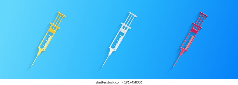 Paper cut Syringe icon isolated on blue background. Syringe sign for vaccine, vaccination, injection, flu shot. Medical equipment. Paper art style. Vector.