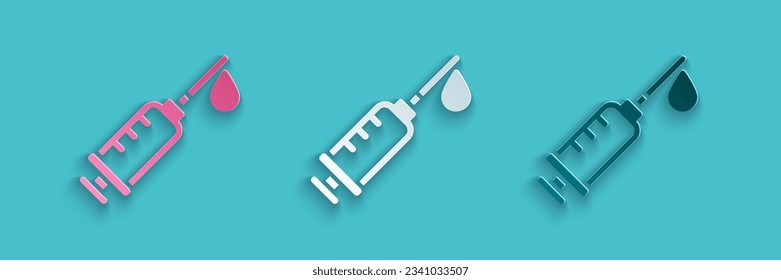 Papierschnitt Spritzensymbol einzeln auf blauem Hintergrund. Impfstoffspritze, Impfung, Injektion, Grippeschuss. Medizinische Ausrüstung. Kunststil aus Papier. Vektorgrafik