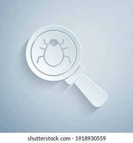 Paper cut System bug concept icon isolated on grey background. Code bug concept. Bug in the system. Bug searching. Paper art style. Vector.