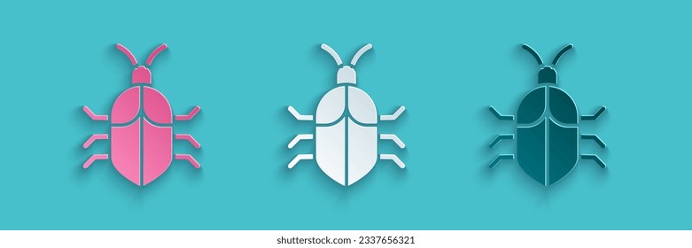 Paper cut System bug concept icon isolated on blue background. Code bug concept. Bug in the system. Bug searching. Paper art style. Vector Illustration