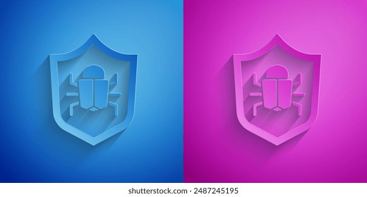 Paper cut System bug concept icon isolated on blue and purple background. Code bug concept. Bug in the system. Bug searching. Paper art style. Vector