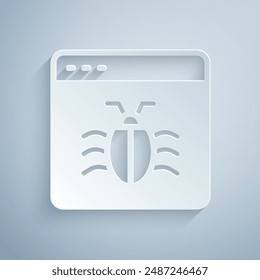 Paper cut System bug concept icon isolated on grey background. Code bug concept. Bug in the system. Bug searching. Paper art style. Vector