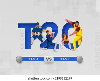 Paper Cut T20 Font With Faceless Cricket Players Of Participating Team A VS B On Gray Background.