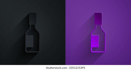 Paper cut Tabasco sauce icon isolated on black on purple background. Chili cayenne spicy pepper sauce. Paper art style. Vector