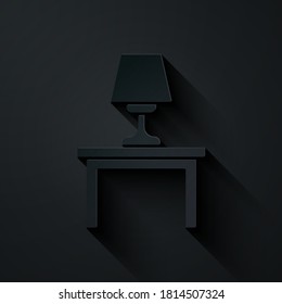 Paper cut Table lamp on table icon isolated on black background. Paper art style. Vector.