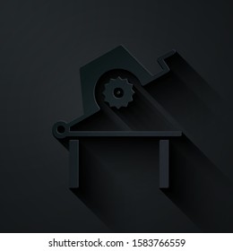 Paper cut Table saw for woodwork icon isolated on black background. Power saw bench. Paper art style. Vector Illustration