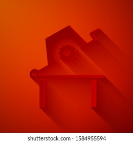 Paper cut Table saw for woodwork icon isolated on red background. Power saw bench. Paper art style. Vector Illustration