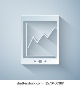 Paper cut Tablet with statistic graph chart icon isolated on grey background. Financial chart and graph sign. Paper art style. Vector Illustration