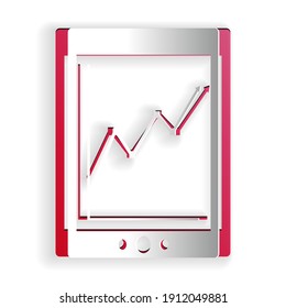 Paper cut Tablet with statistic graph chart icon isolated on white background. Financial chart and graph sign. Paper art style. Vector.