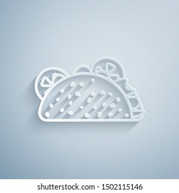 Paper cut Taco with tortilla icon isolated on grey background. Traditional mexican fast food. Paper art style. Vector Illustration