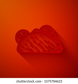 Paper cut Taco with tortilla icon isolated on red background. Traditional mexican fast food. Paper art style. Vector Illustration