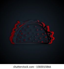 Paper cut Taco with tortilla icon isolated on black background. Traditional mexican fast food. Paper art style. Vector Illustration