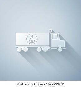 Paper cut Tanker truck icon isolated on grey background. Petroleum tanker, petrol truck, cistern, oil trailer. Paper art style. Vector Illustration