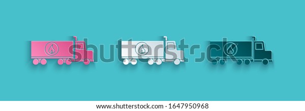 Paper cut Tanker truck icon isolated on blue\
background. Petroleum tanker, petrol truck, cistern, oil trailer.\
Paper art style. Vector\
Illustration
