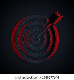 Paper cut Target with arrow icon isolated on black background. Dart board sign. Archery board icon. Dartboard sign. Business goal concept. Paper art style. Vector Illustration