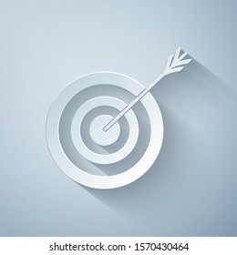 Paper cut Target with arrow icon isolated on grey background. Dart board sign. Archery board icon. Dartboard sign. Business goal concept. Paper art style. Vector Illustration
