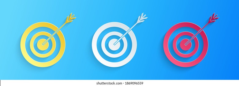 Paper cut Target with arrow icon isolated on blue background. Dart board sign. Archery board icon. Dartboard sign. Business goal concept. Paper art style. Vector.