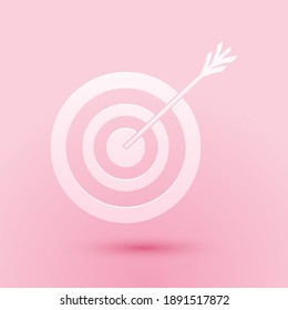 Paper cut Target with arrow icon isolated on pink background. Dart board sign. Archery board icon. Dartboard sign. Business goal concept. Paper art style. Vector.