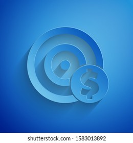 Paper cut Target with dollar symbol icon isolated on blue background. Investment target icon. Successful business concept. Cash or Money. Paper art style. Vector Illustration