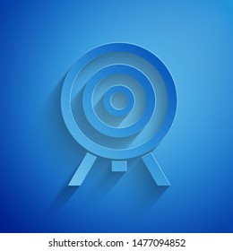 Paper cut Target icon isolated on blue background. Dart board sign. Archery board icon. Dartboard sign. Business goal concept. Paper art style. Vector Illustration